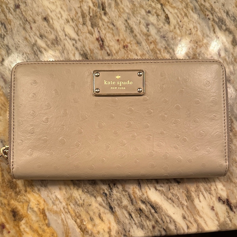 kate spade Beige Embossed Zip Wallet with Gold Plate